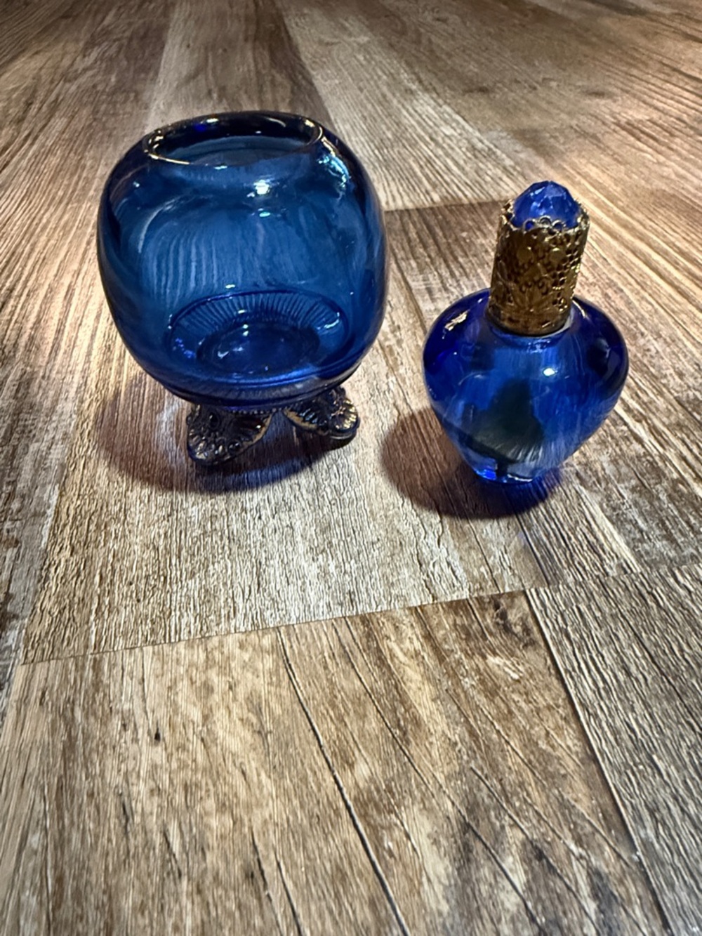 Vintage Cobalt Blue Glass Vanity lighter with Ornate Gold-Tone Top and ashtray